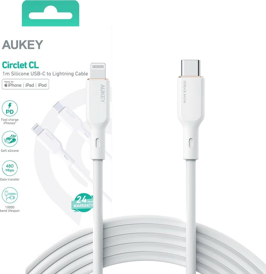 Kabllo AUKEY CB-SCL2, 1.8m, USB-C në Lightning, silikon, e bardhë