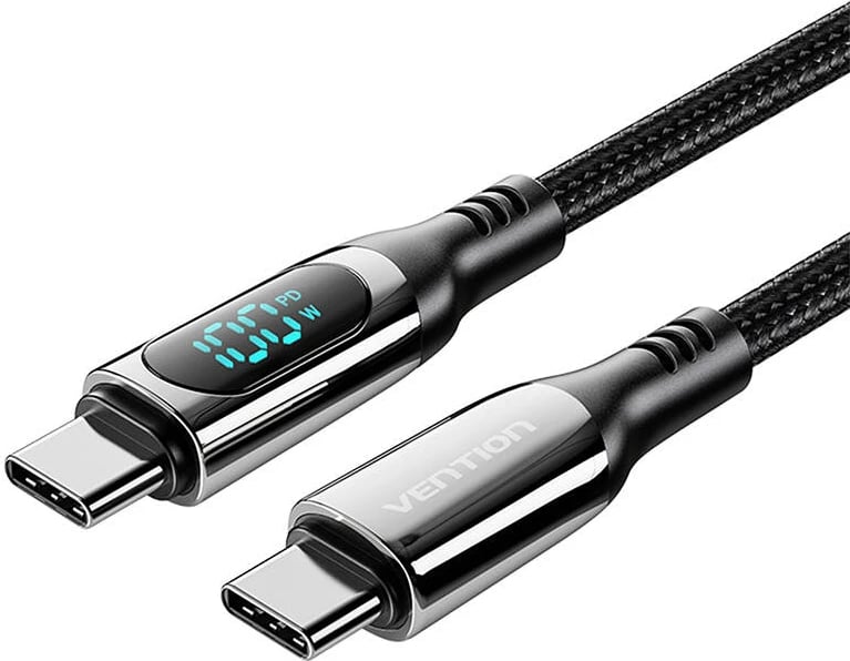 Kabllo USB-C në USB-C Vention TAYBAV, 1.2m, 100W, me ekran LED, e zezë