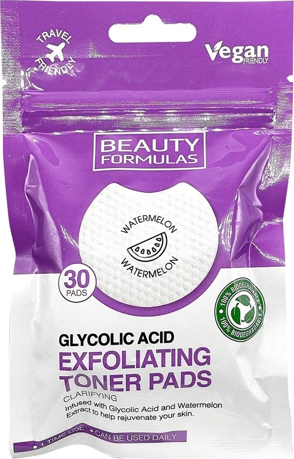 Pllaka eksfoliuese për fytyrë Beauty Formulas Glycolic Acid Exfoliating Toner Pads për femra, 30 copë