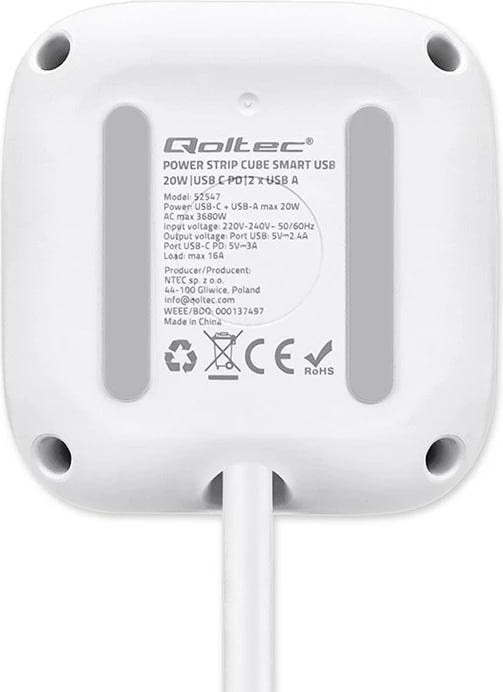 Kasë Qoltec 52547, 3x AC, 2x USB, 1x USB-C PD 20W, 2m, Bardhë