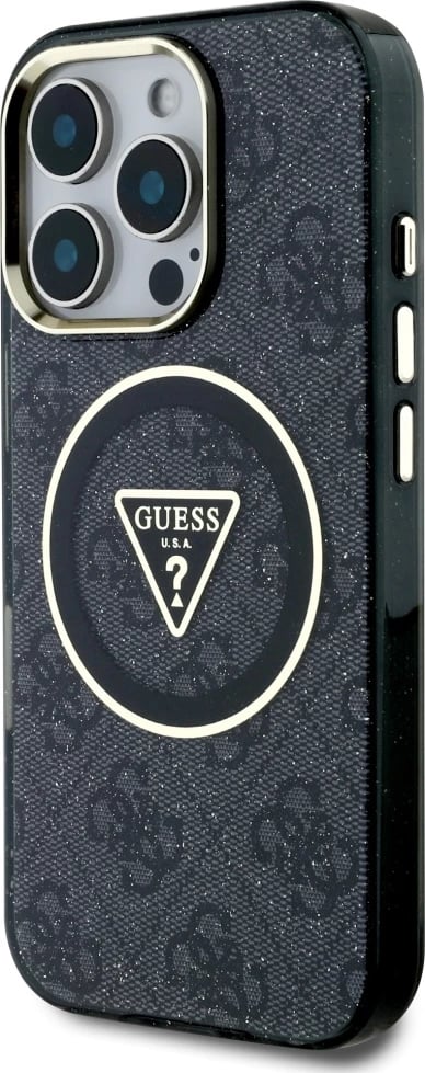 Mbështjellës Guess IML Metal Glitter 4G Circle Triangle MagSafe për iPhone 16 Pro Max, Zi