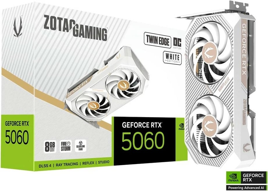 Kartë grafike, ZOTAC, GeForce RTX 5060 Twin Edge OC ZT-B50600Q-10M, 8GB GDDR7 128-bit, 3x DisplayPort/HDMI, PCIe 5.0 x8, e bardhë