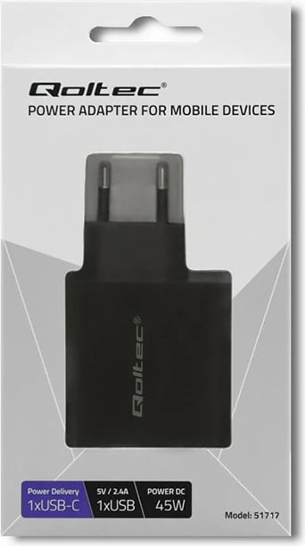 Karikues rrjeti Qoltec 51717, 45W, USB Type-C PD & USB, i zi