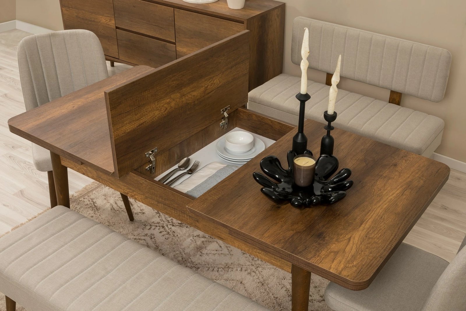 Set tavoline e zgjatshme me karrige, bankë dhe konsol (6 copë), Skye Decor, Vina Bench 04 1005, ngjyrë arre, krem