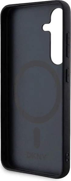 Mbështjellës DKNY Leather Pattern Metal Logo MagSafe për Samsung Galaxy S24, i zi