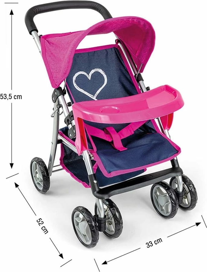 Karrocë lodër për kukulla, Milly Mally, Kate Prestige, për kukulla deri 50 cm, palosëse, me tabaka ushqimi dhe kapuç, blu