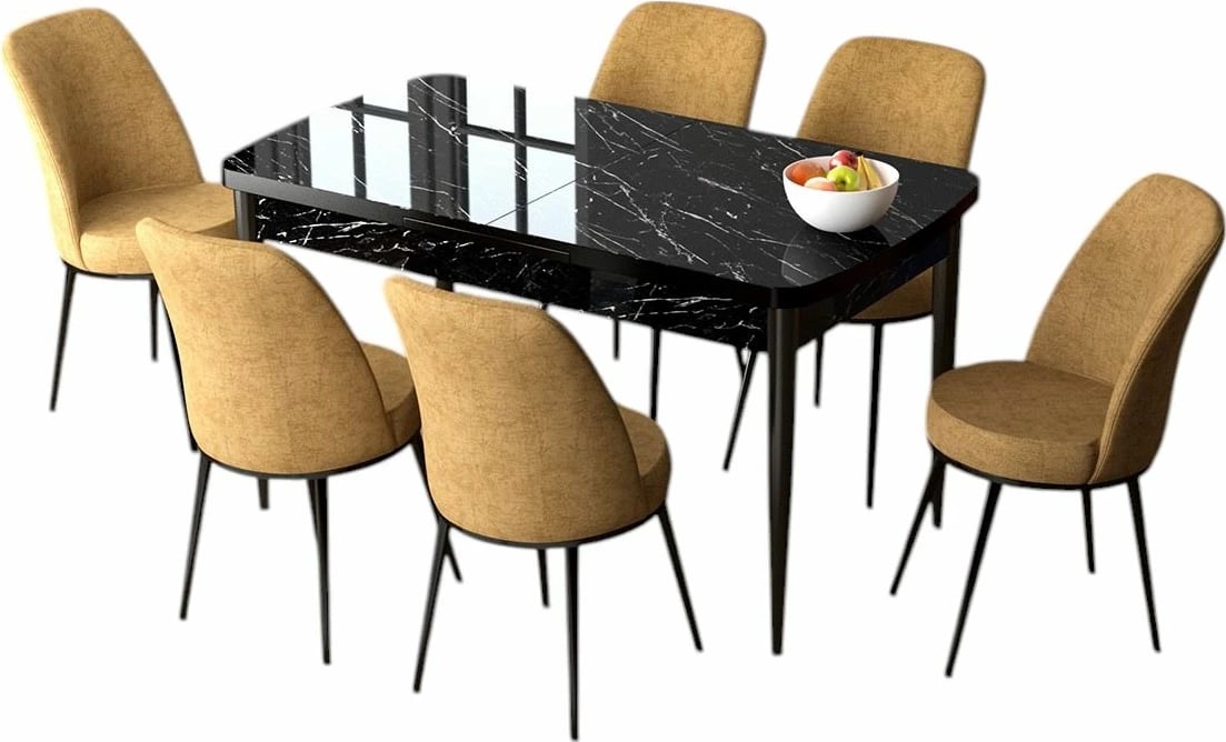 Tavolinë me karrige, zgjatshme, 7 copë, Skye Decor, ngjyrë mermeri të zi dhe kapuçino
