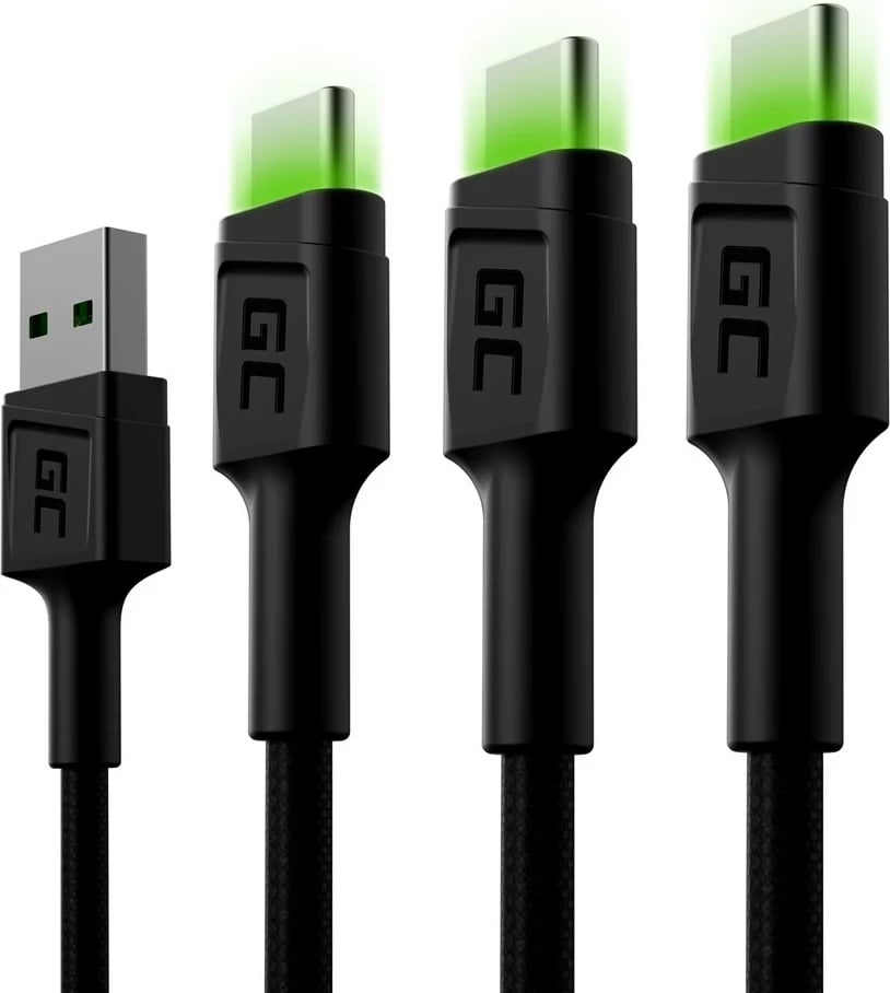 Kabllo USB Green Cell KABGCSET03, 2 m, USB A në USB C, 3 copë, E zezë