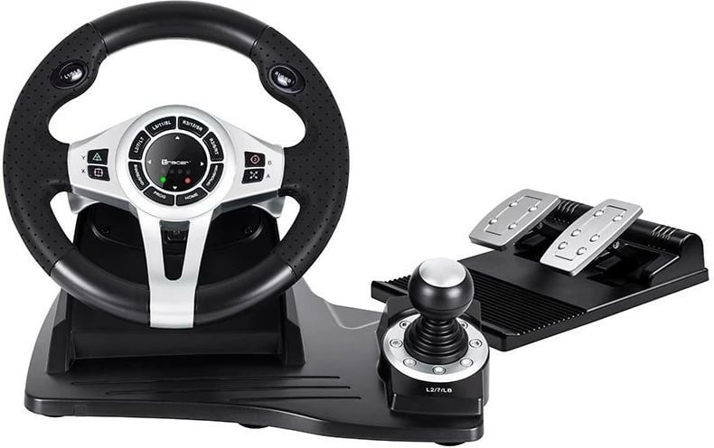Timon gaming Tracer Roadster 4 in 1, me pedale dhe levë marshe, për PC/PS3/PS4/Xbox One, Zi/Argjendtë
