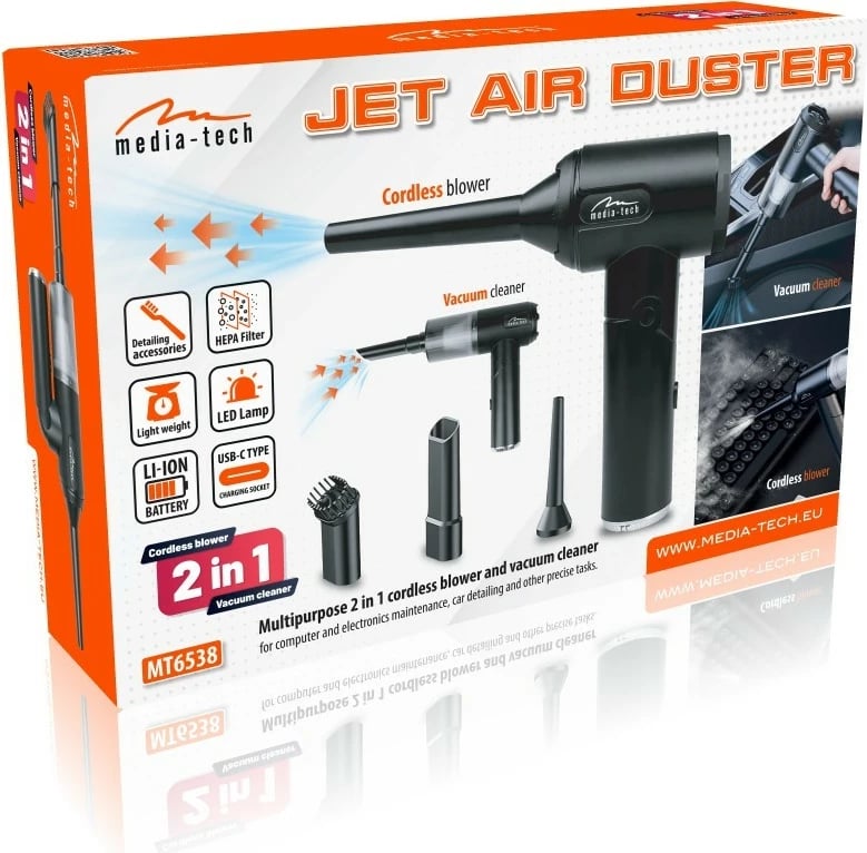 Fryrës/aspirator dore 2‑në‑1 Media‑Tech MT6538 65W 6800Pa 30 m/s LED bateri USB‑C, i zi, set me aksesorë