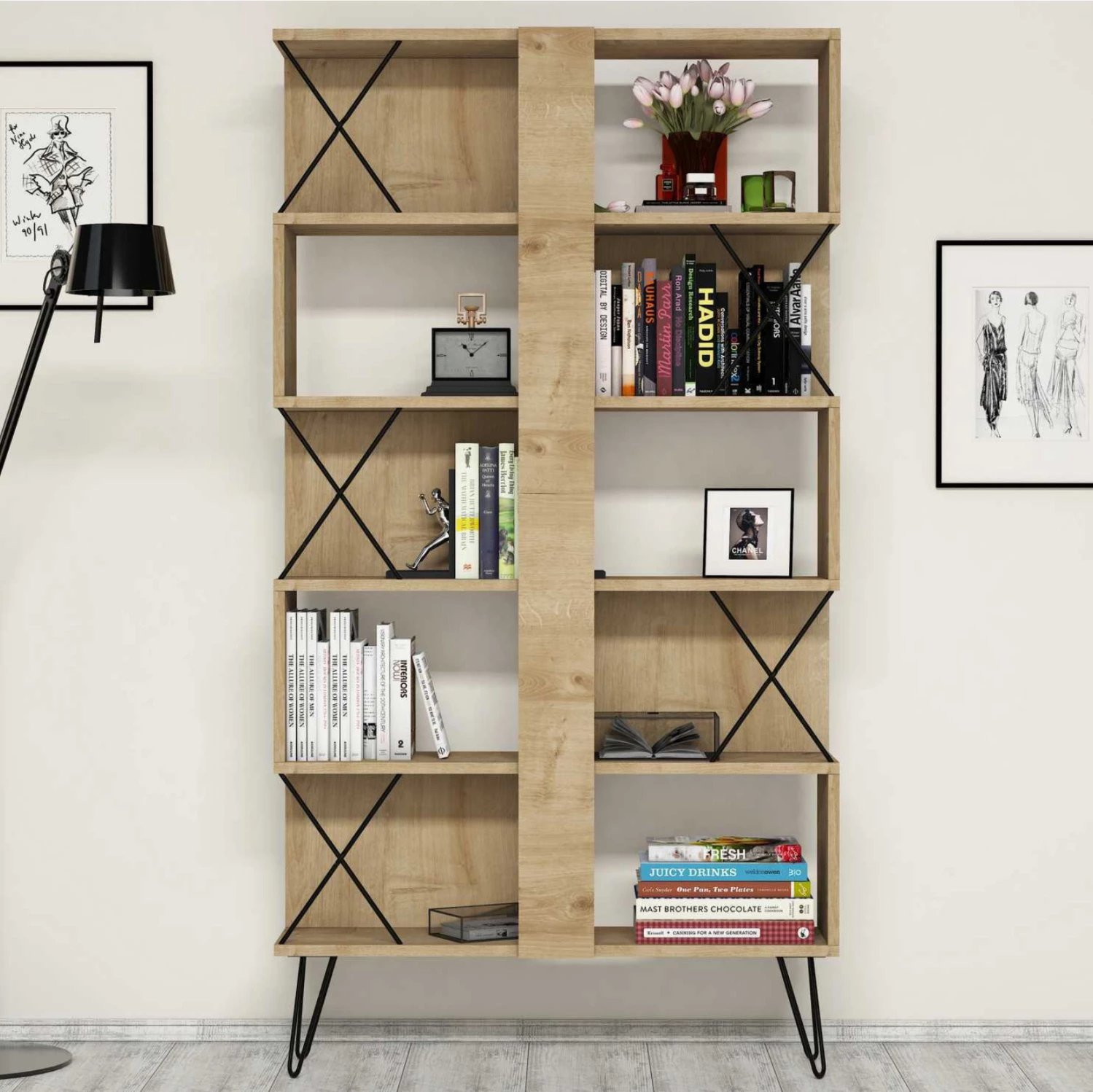 Raft librash melamine FH9496.01 ngjyrë lisi natyral-këmbë metalike të zeza 90x22x167.3H cm
