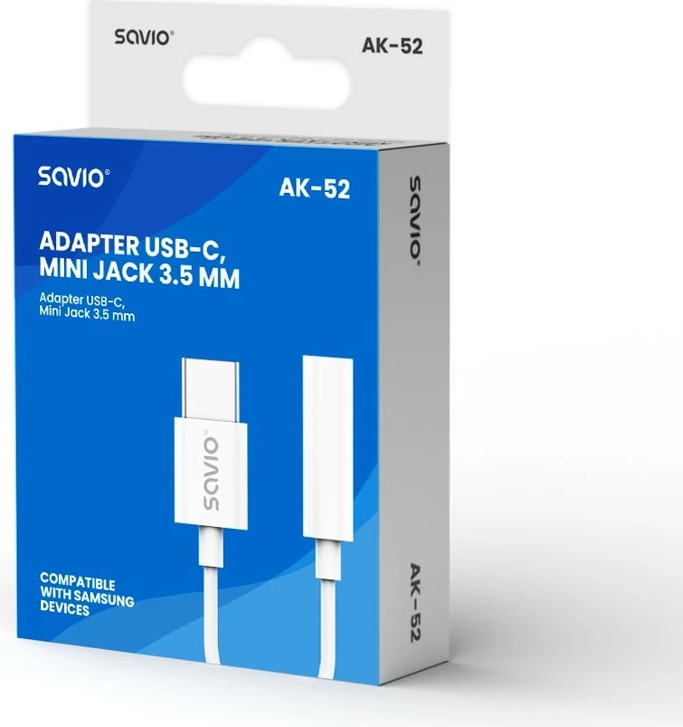 Adapter USB-C në Mini Jack 3.5 mm Savio AK-52, i bardhë