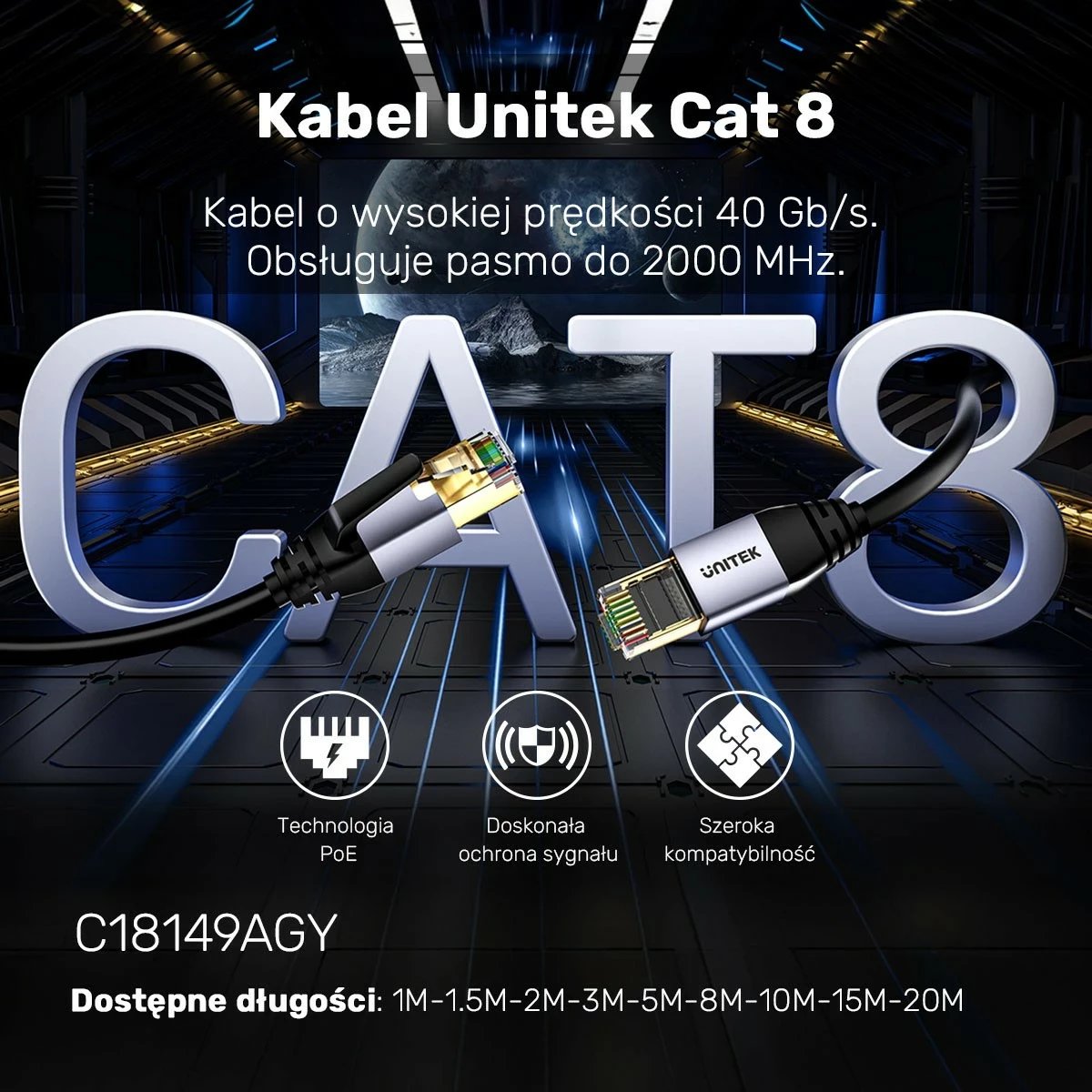 Kabëll Ethernet Unitek RJ-45 LAN, patchcord cat.8, 1m, ngjyrë zi-gri