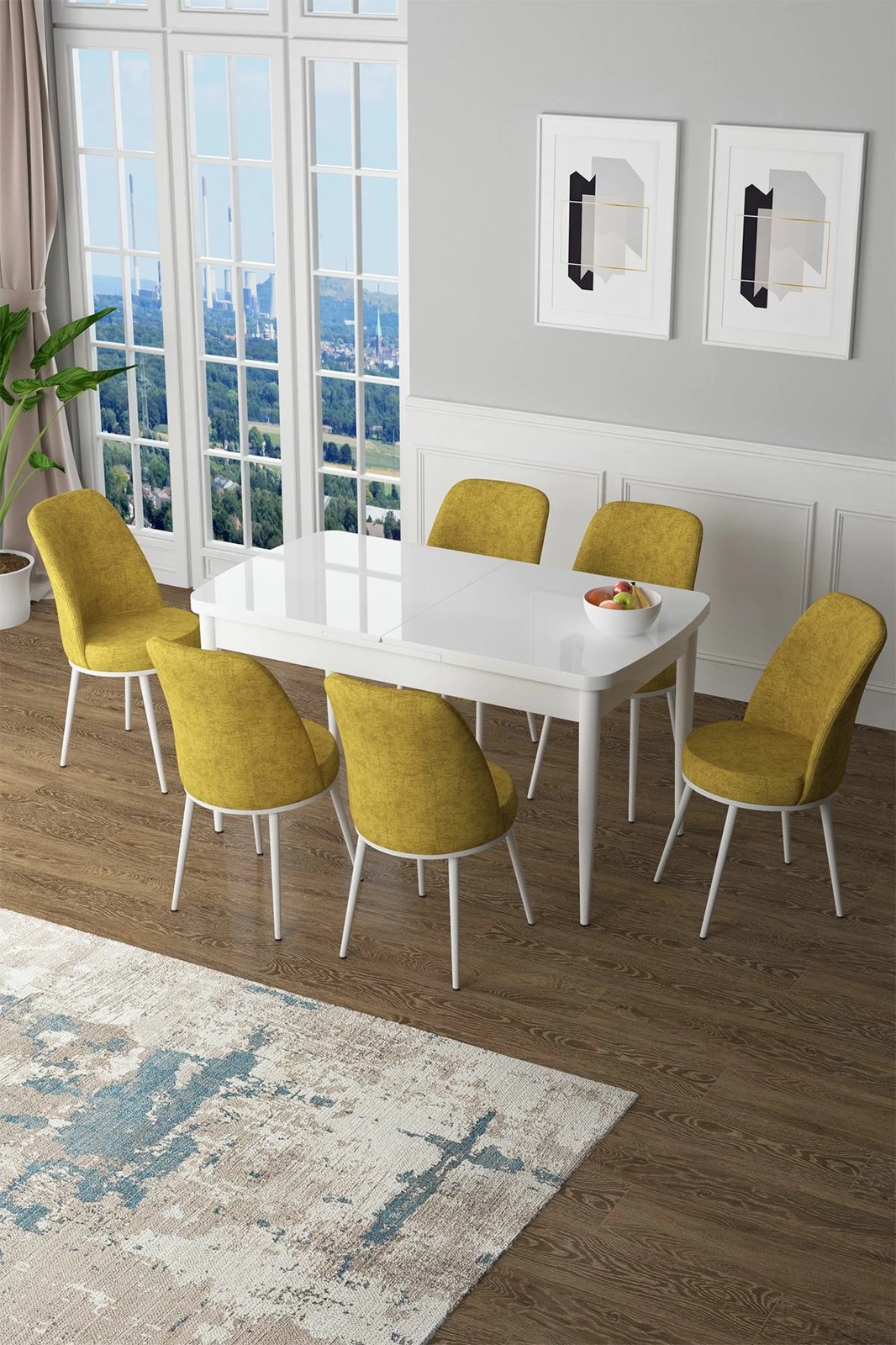 Tavolinë me karrige, zgjatshme, 7 copë, Skye Decor, Zen, e bardhë dhe mustard