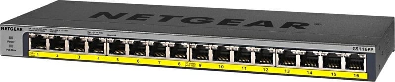Switch Netgear GS116PP, 16 porta Gigabit, PoE+, i pa-menaxhueshëm, Gri
