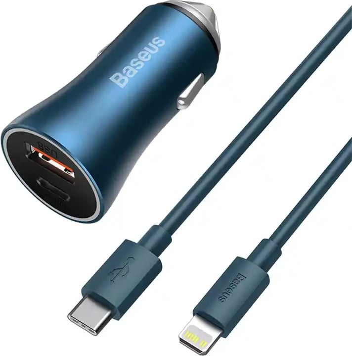 Karikues veture Baseus Golden Contactor Pro, 40W, USB + USB-C, me kabllo USB-C në Lightning 1m, Blu