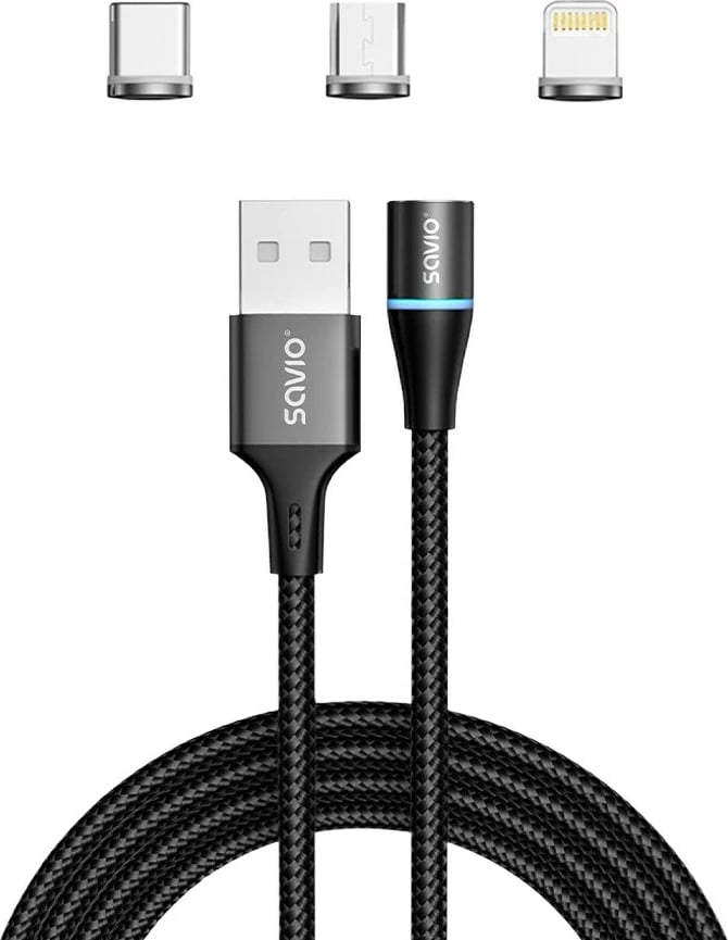 Kabllo USB SAVIO CL-152, 1m, USB 2.0, USB C/Micro USB/Lightning, e zezë