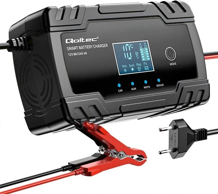 Karikues inteligjent për bateri Qoltec 52490, 12V 8A / 24V 4A, me funksion riparimi, LCD
