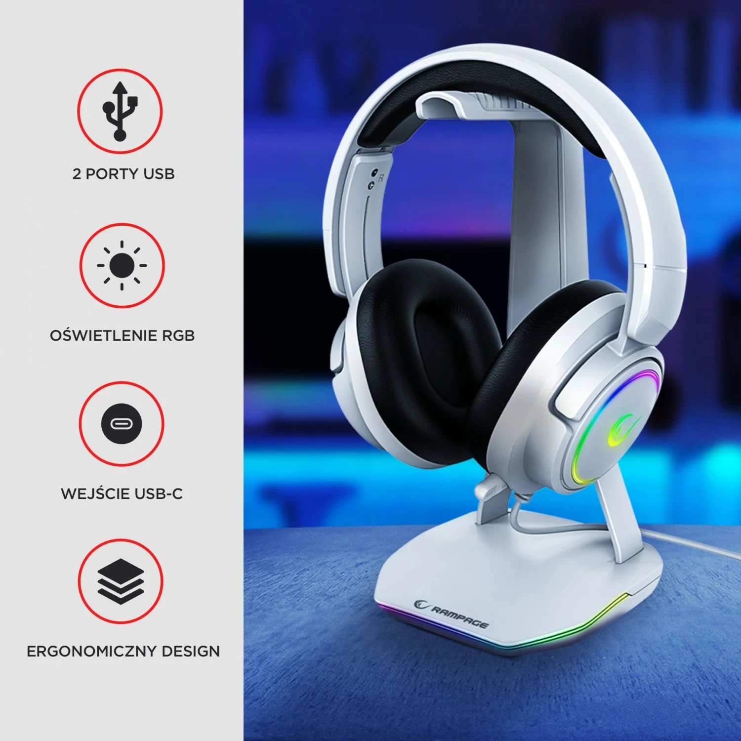 Stojak kufje Rampage T14, RGB, 2x USB, bardhë