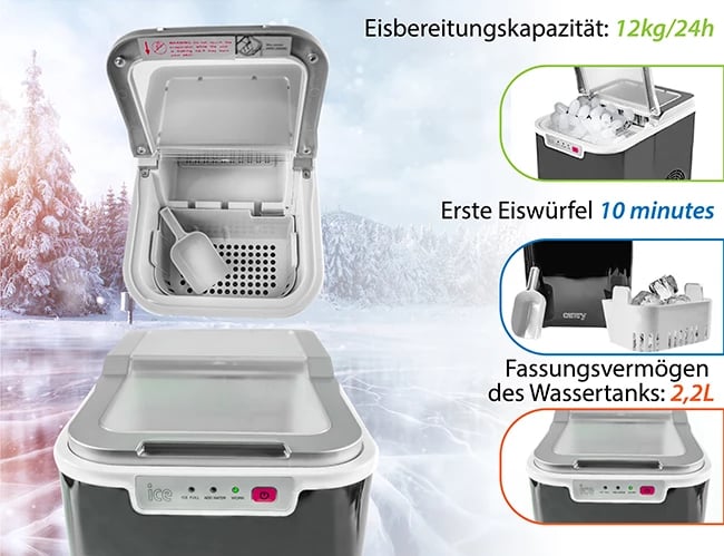 Aparat për kube akulli, Adler, CR 8073, 12kg/24h, depozitë uji 2.2L, kube të para në 10 min, i zi/argjendtë