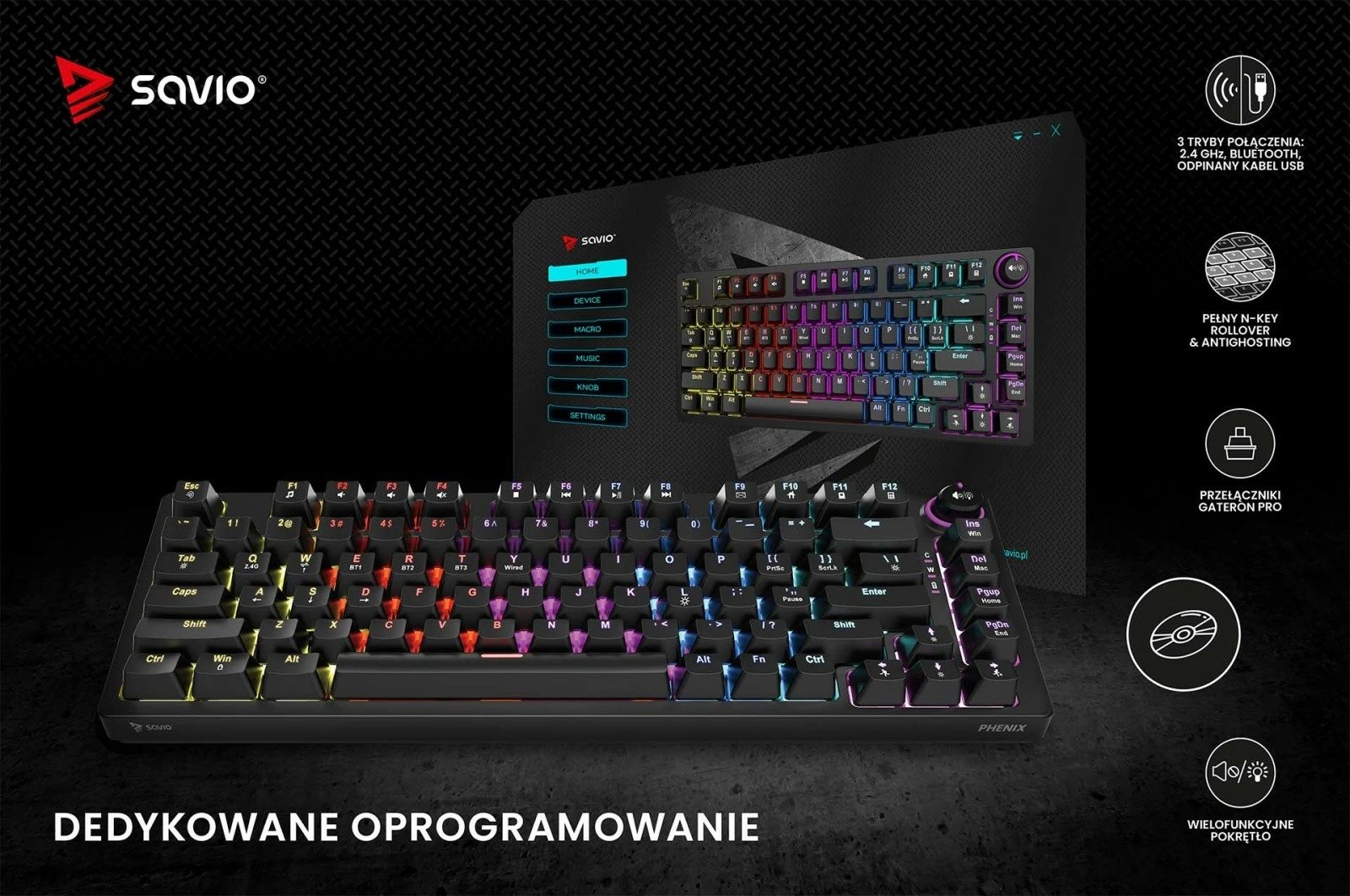 Tastierë mekanike wireless Savio Phenix, Gateron Red Pro, 82 taste, RGB, e zezë