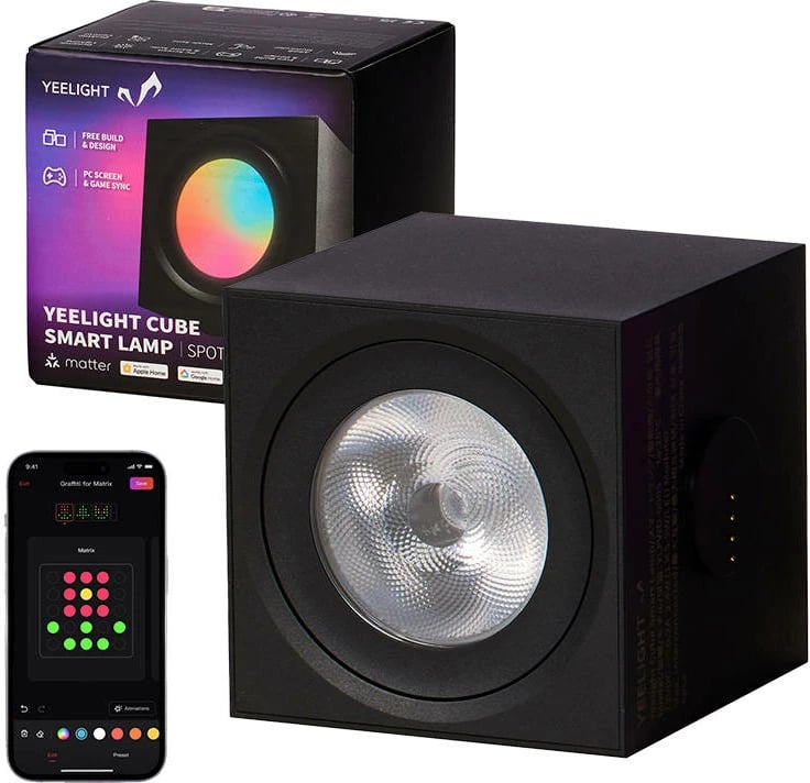 Dritë smart Yeelight Cube Light Spot, panel gaming, ARGB, Wi-Fi, Bluetooth, e zezë