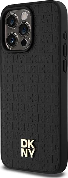 Mbështjellës DKNY Leather Monogram Pattern Metal Logo MagSafe për iPhone 15 Pro Max, i zi