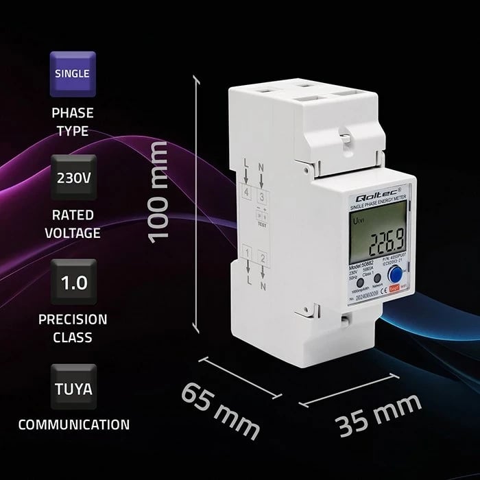 Matës energjie Qoltec 50882, njëfazësh, për DIN rail, Wi-Fi, TUYA, 230V, LCD