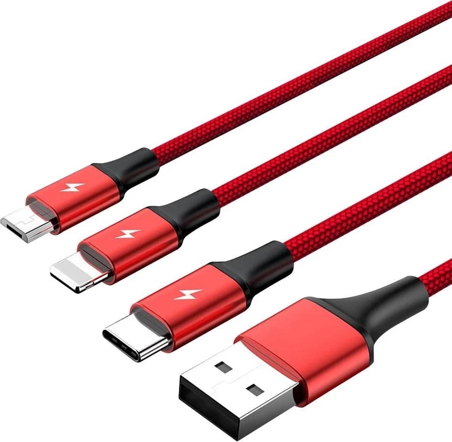 Kabllo UNITEK C4049RD, USB A në USB C/Micro-USB B/Lightning, 1.2 m, e Kuqe