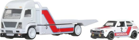 Set veturash, Hot Wheels, FLF56/JBM36, Honda Civic me kamion transportues Team Transport, shkallë 1:64, metal/plastikë, e bardhë/e kuqe
