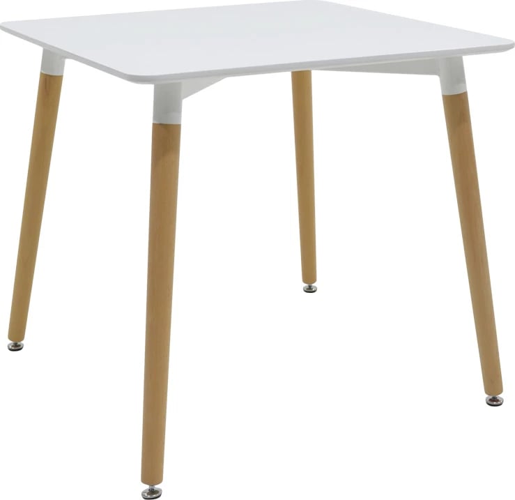 Tavolinë me karrige Natali-Caron, set 3 copë, MDF e bardhë, këmbë natyrale, 80x80x76cm