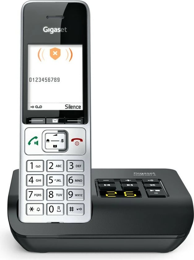 Telefon fiks Gigaset COMFORT 500A, analog/DECT, regjistrues automatik, ekran ngjyrë, 200 kontakte, i zi/argjendtë Telefon fiks Gigaset COMFORT 500A, analog/DECT, regjistrues automatik, ekran ngjyrë, 200 kontakte, i zi/argjendtë