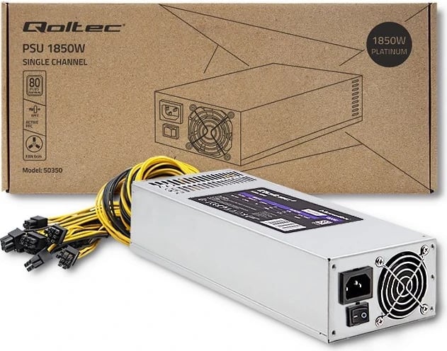 Furnizues i Energjisë Qoltec 50350, 1850W PCI-E, 80 Plus Platinum për Gaming Miner, Gri