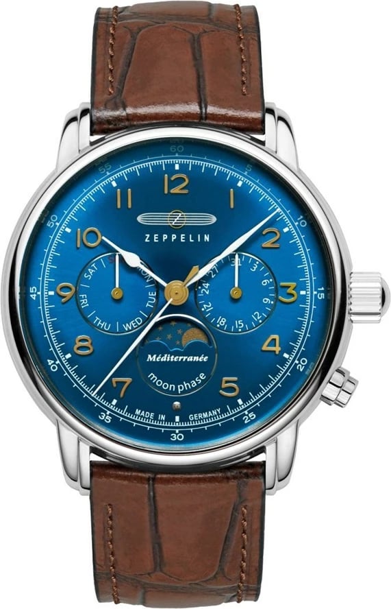 Orë dore Zeppelin Mediterranee 96363, 42mm, rrip lëkure, blu