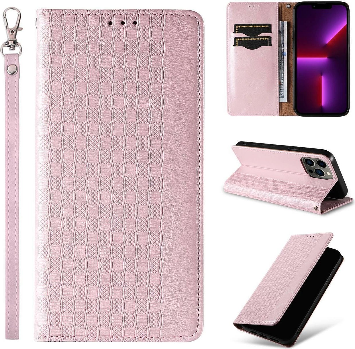 Mbështjellës Hurtel Magnet Strap Case për Samsung Galaxy S23+, me portofol, mbajtëse, rrip dore, Rozë