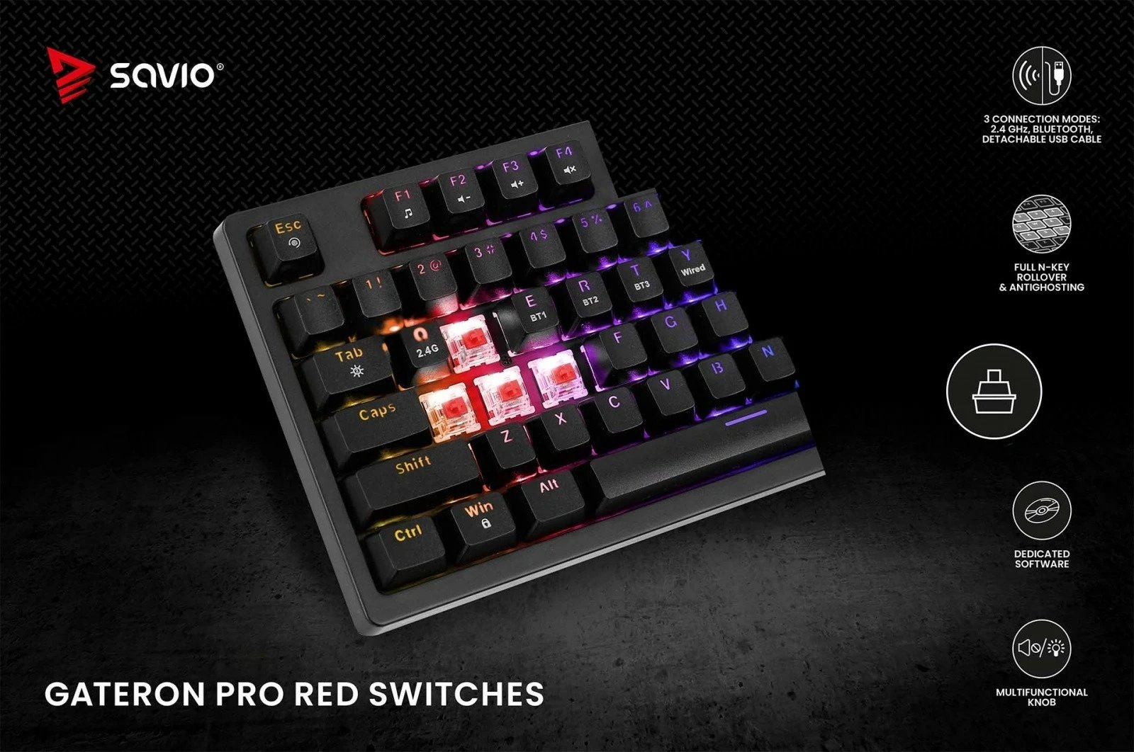 Tastierë mekanike wireless Savio Phenix, Gateron Red Pro, 82 taste, RGB, e zezë