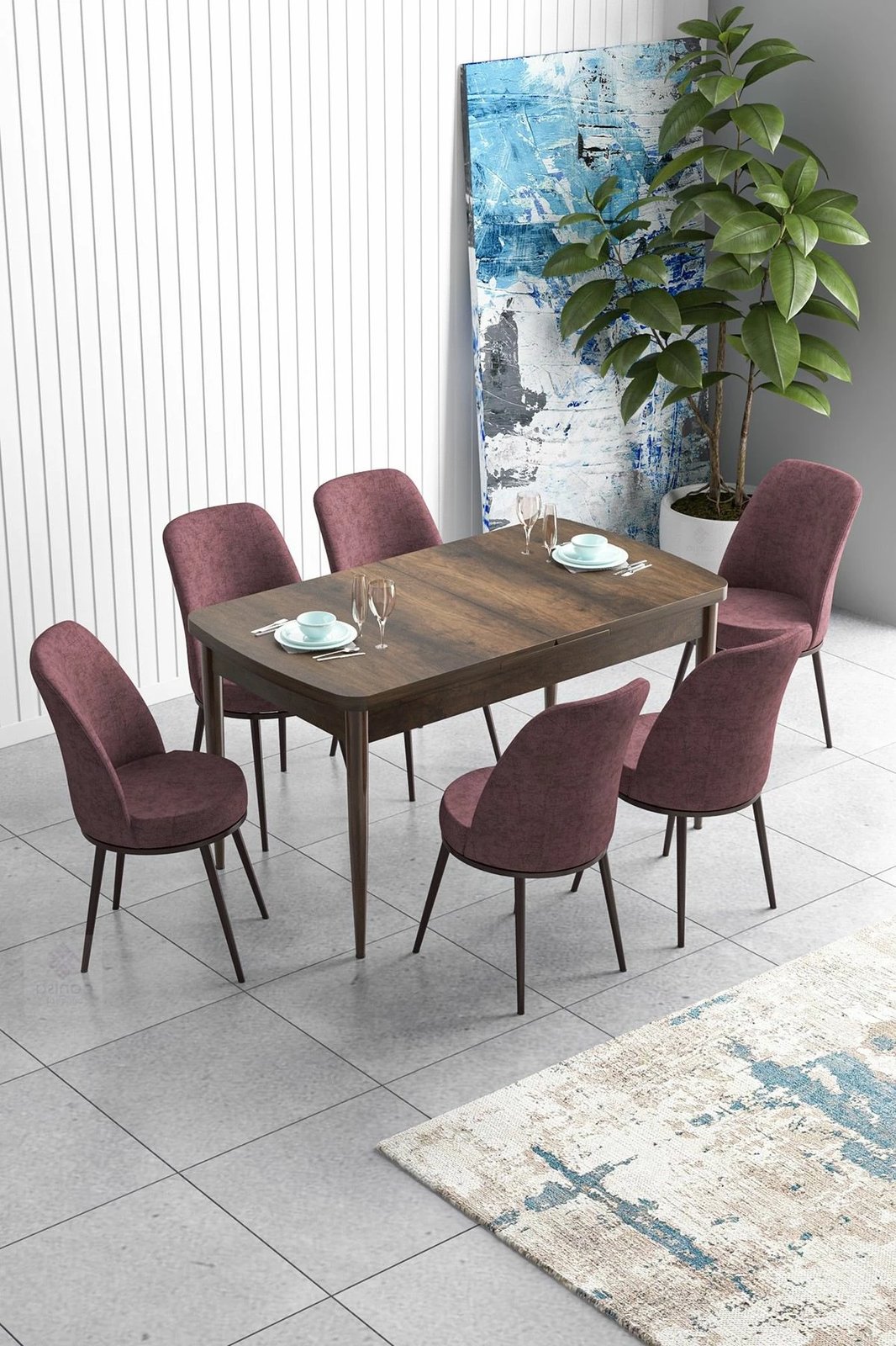 Tavolinë me karrige për ngrënie, e zgjatshme, 7 copë, ngjyrë Barok, Dusty Rose, Skye Decor