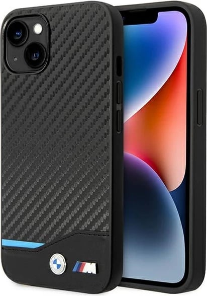 Mbështjellës BMW BMHCP14M22NBCK për iPhone 14 Plus 6.7", lëkurë karbon, zi