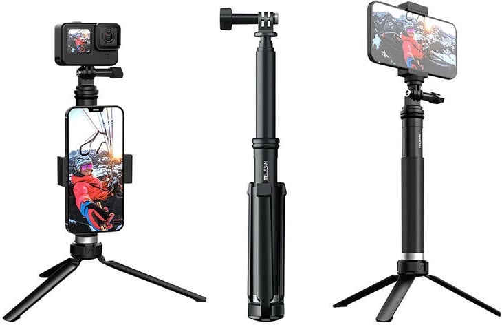 Selfie stick me tripod Telesin GP-MNP-090-S për kamera sportive dhe telefon, i zi