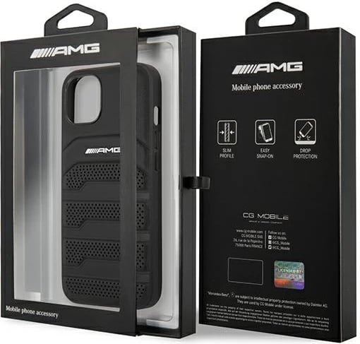 Mbështjellës AMG Mercedes për iPhone 14 Plus 6.7", lëkurë, i zi