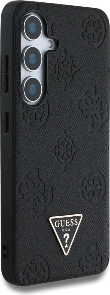 Mbështjellës Guess Grained Hot Stamp Peony Pattern Triangle Logo MagSafe për Samsung Galaxy S25, i zi