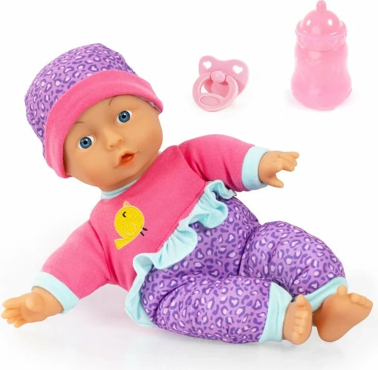 Kukull bebe Bayer 28cm me aksesorë, rozë/vjollcë