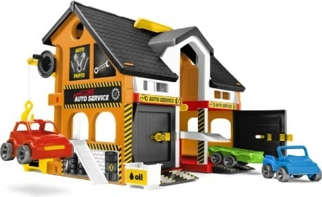 Set loje garazh auto, Wader, 25471, dykatësh me ashensor e vinç, 2 makina + 1 rimorkio, shumëngjyrësh