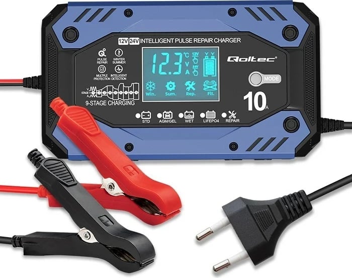 Karikues inteligjent Qoltec 52482, 12-24V, 10A, LCD, Blu