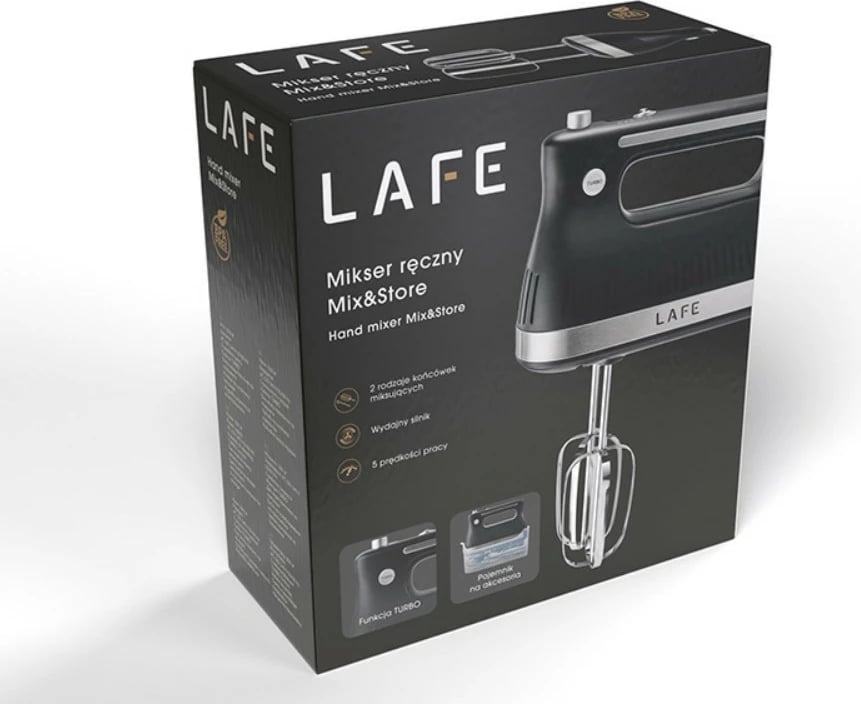 Mikser dore, Lafe, Mix&Store LAFMIX47473, 500W, 5 shpejtësi, turbo, me 2 lloje shtesash dhe kuti ruajtëse, e zezë