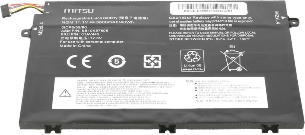 Bateri laptop Mitsu për Lenovo ThinkPad E480, E580, 3600 mAh, 11.1V, 3 qeliza, Zezë