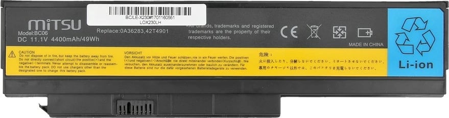 Bateri laptop Mitsu BC/LE-X230 për Lenovo ThinkPad X230/X230i, 4400 mAh, 11.1V, 6 qeliza