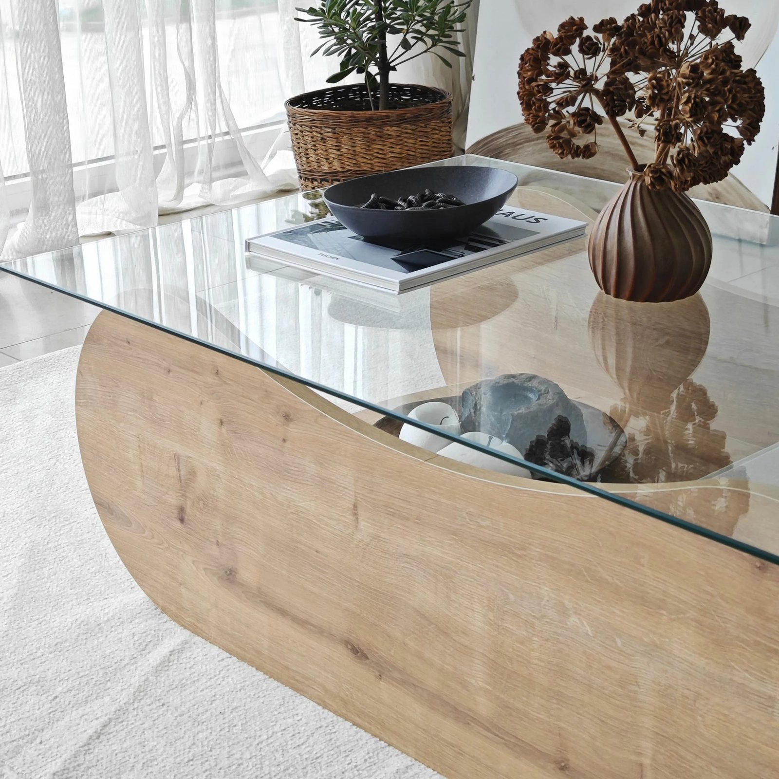 Tavolinë kafeje Skye Decor, ngjyrë lisi safir, xham transparent