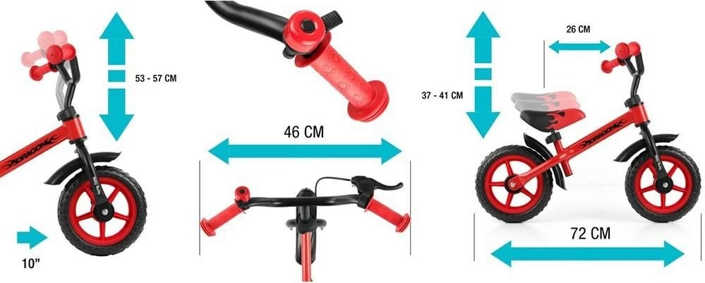 Biçikletë pa pedale për fëmijë, Milly Mally Dragon, rrota shkumë 10", me frenë, ulëse dhe timon të rregullueshëm, zile, rozë