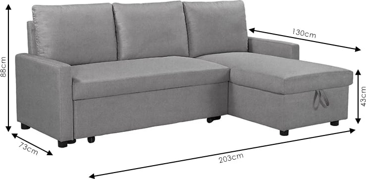 Divan qoshe me shtrat Infuse me hapësirë ruajtëse, pëlhurë gri, 203x130x88 cm